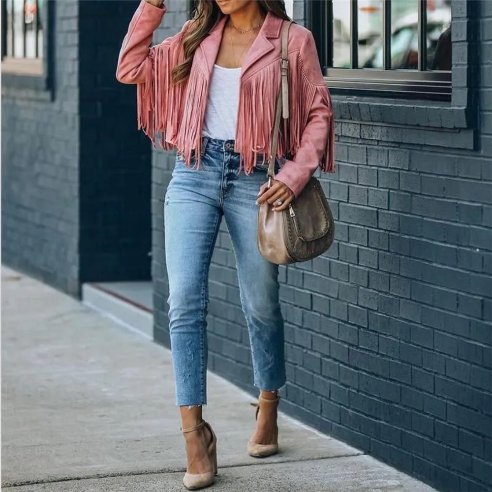 Faux Fringe Pink Moto jacket